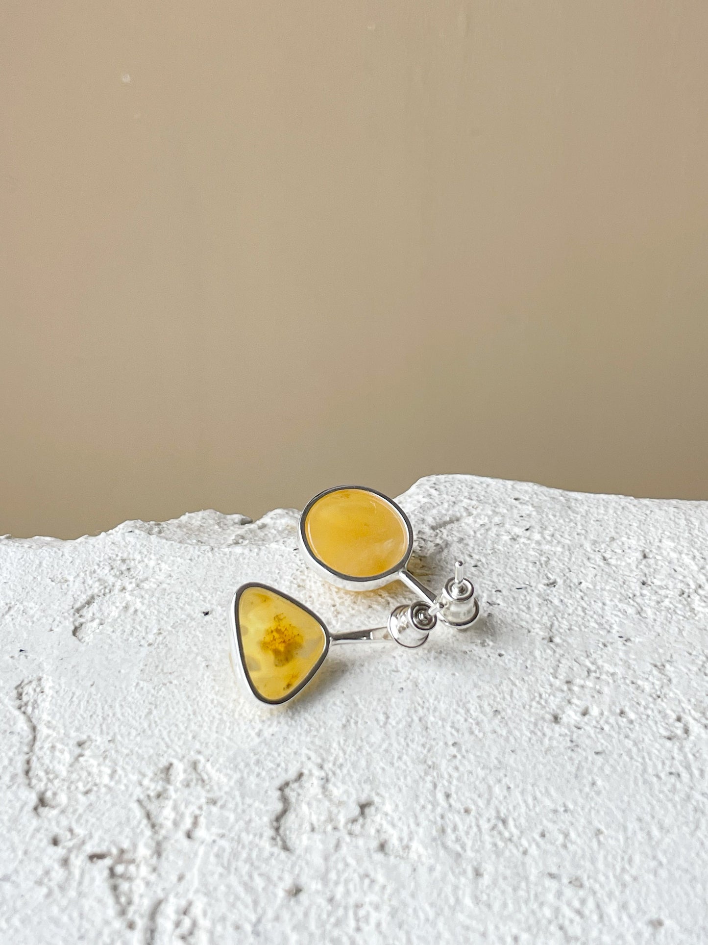 Matte amber stud earrings - Sterling silver - Mismatched earrings collection