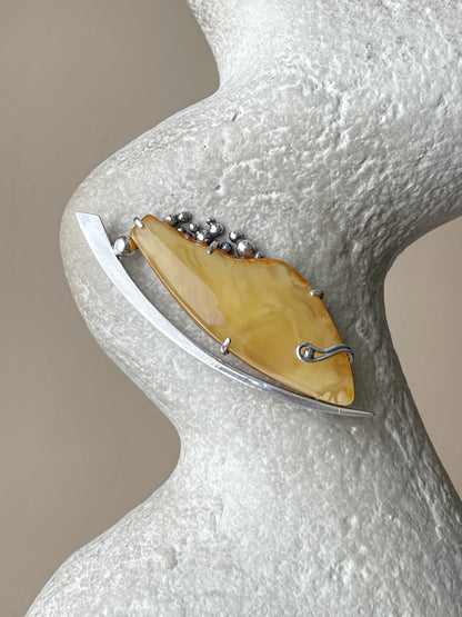 Amber Brooch - Handcrafted Baltic Elegance, Sterling Silver
