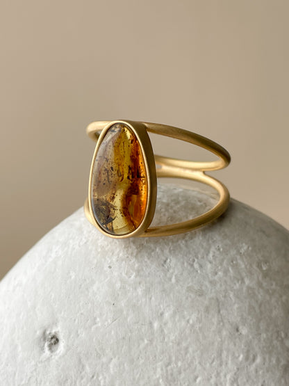 Honey amber ring - Gold plated silver - Thin style collection - Size 7