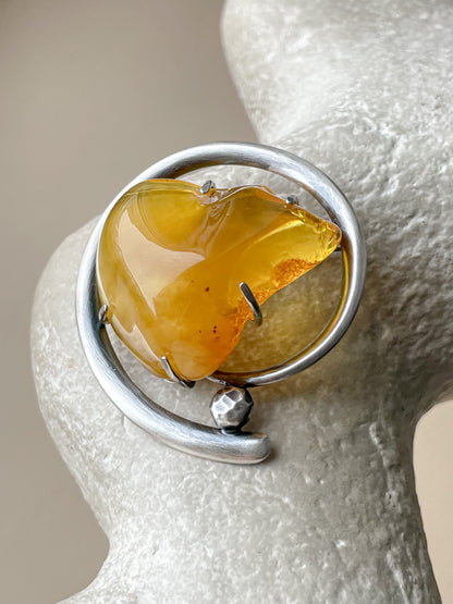 Raw Amber Brooch - Handcrafted Baltic Elegance, Sterling Silver