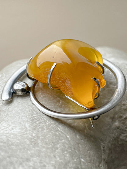 Raw Amber Brooch - Handcrafted Baltic Elegance, Sterling Silver