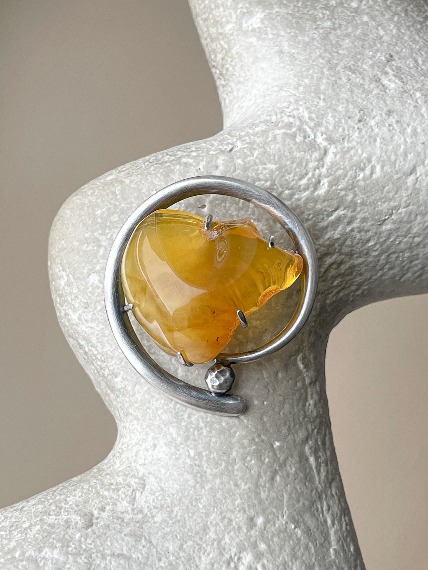 Raw Amber Brooch - Handcrafted Baltic Elegance, Sterling Silver