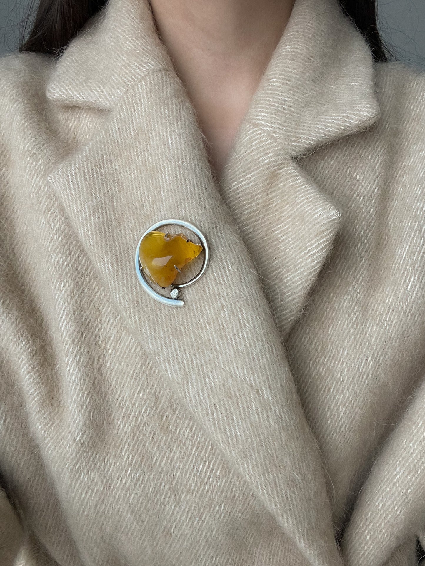 Raw Amber Brooch - Handcrafted Baltic Elegance, Sterling Silver