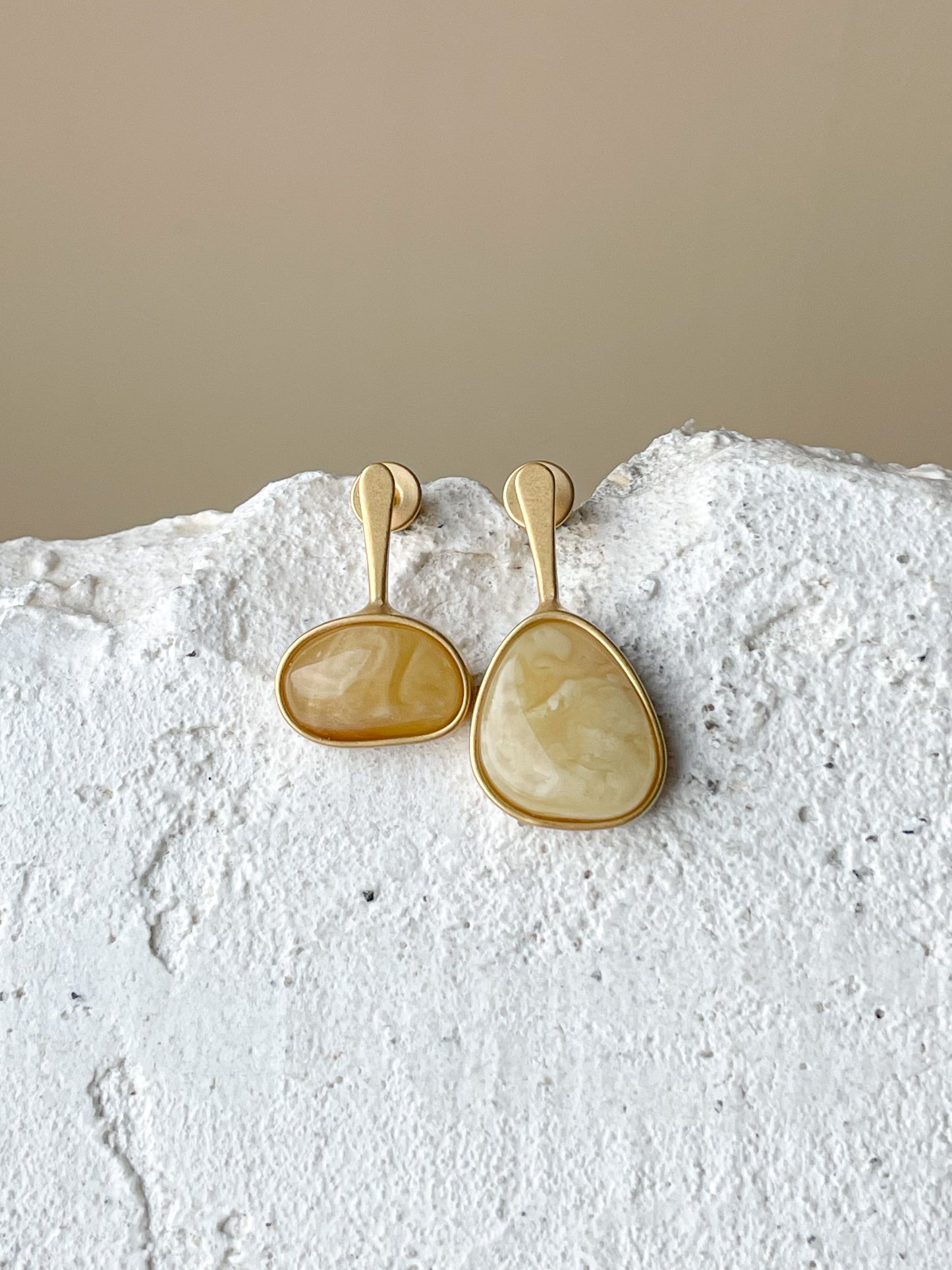 Matte amber stud earrings - Gold plated silver - Mismatched earrings collection