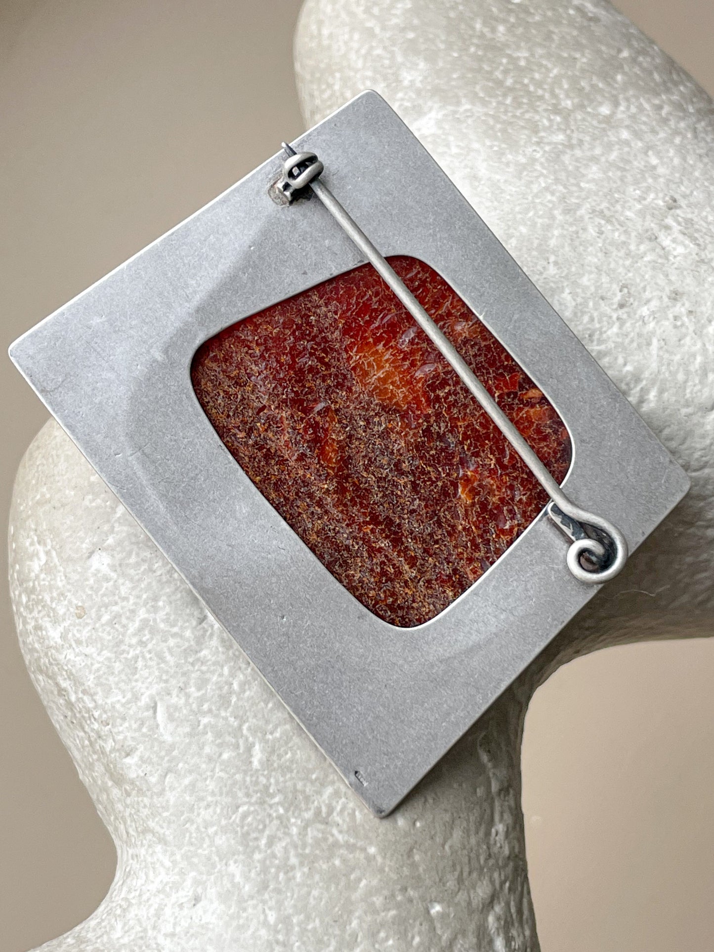 Raw red amber brooch - Handcrafted baltic elegance, sterling silver