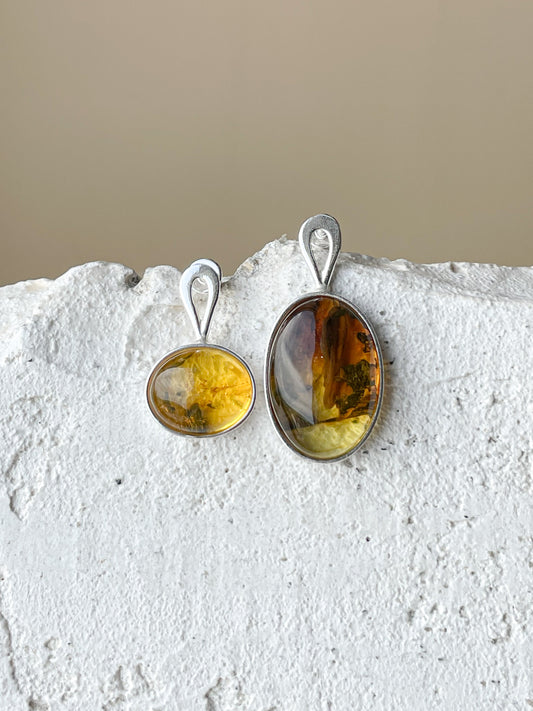 Natural amber stud earrings - Sterling silver - Mismatched earrings collection