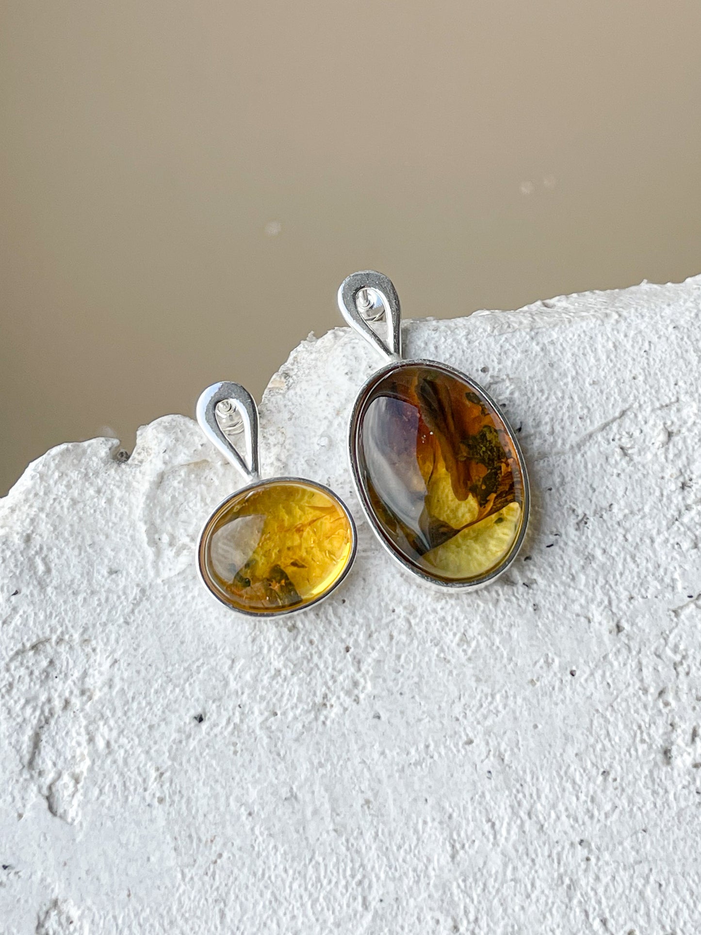 Natural amber stud earrings - Sterling silver - Mismatched earrings collection