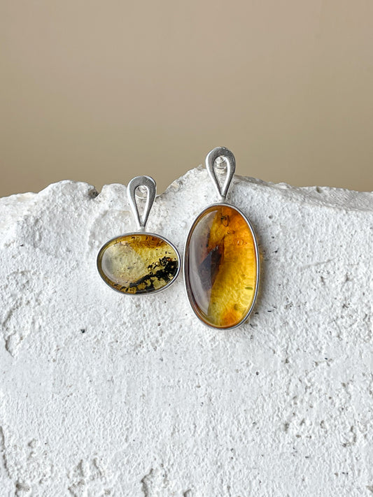 Natural amber stud earrings - Sterling silver - Mismatched earrings collection