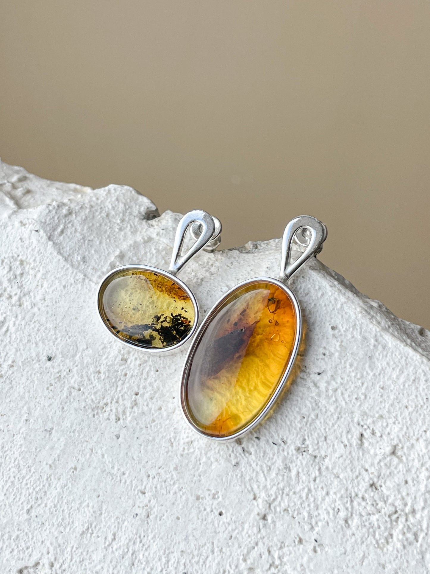 Natural amber stud earrings - Sterling silver - Mismatched earrings collection