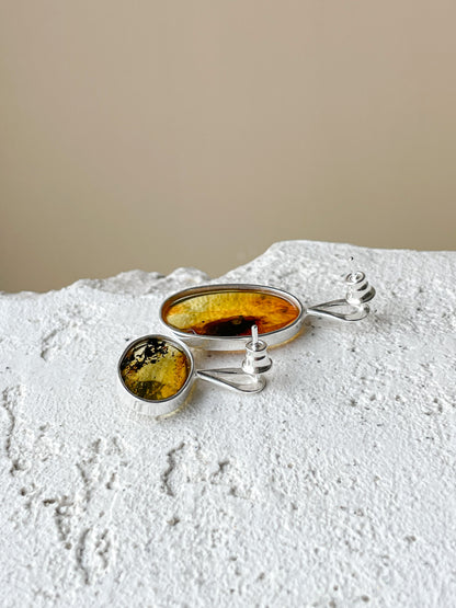 Natural amber stud earrings - Sterling silver - Mismatched earrings collection