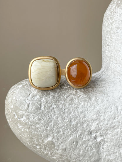 Double ring with amber, gold plated silver with real amber, size 7