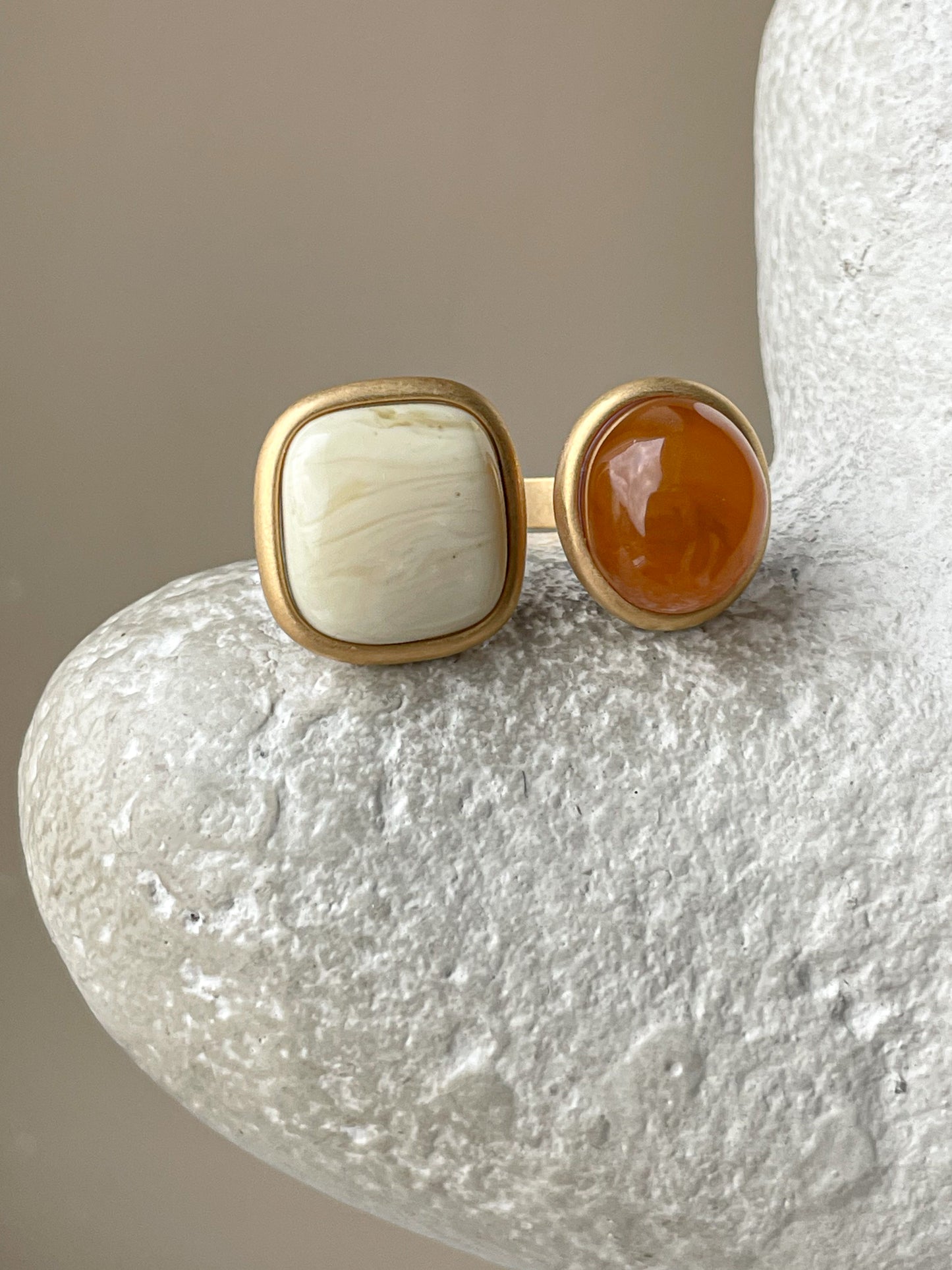 Double ring with amber, gold plated silver with real amber, size 7