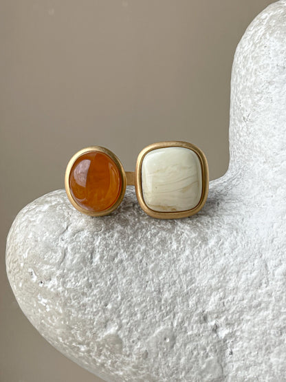 Double ring with amber, gold plated silver with real amber, size 7