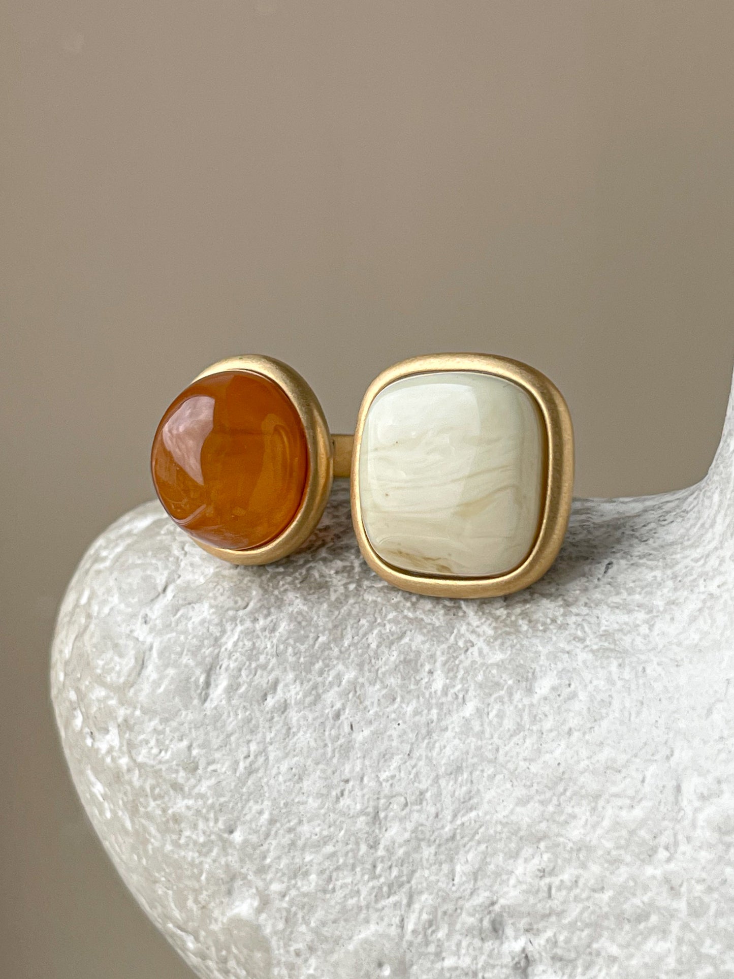 Double ring with amber, gold plated silver with real amber, size 7