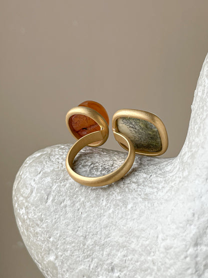 Double ring with amber, gold plated silver with real amber, size 7