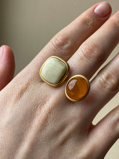 Double ring with amber, gold plated silver with real amber, size 7