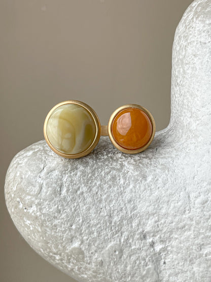 Double ring with amber, gold plated silver with real amber, size 7 3/4