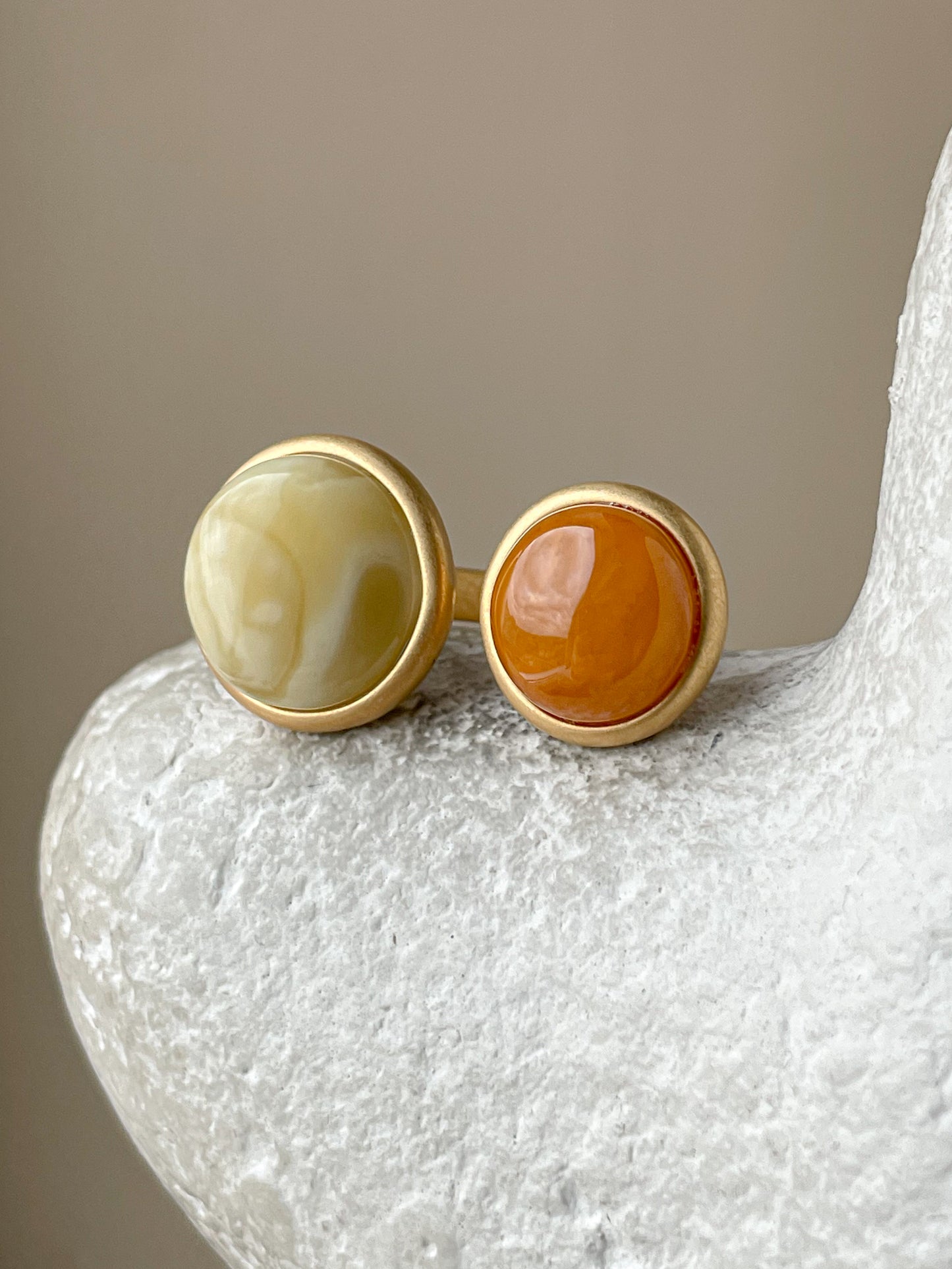 Double ring with amber, gold plated silver with real amber, size 7 3/4