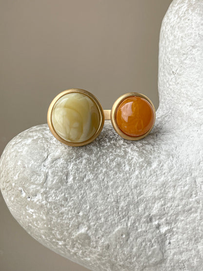 Double ring with amber, gold plated silver with real amber, size 7 3/4