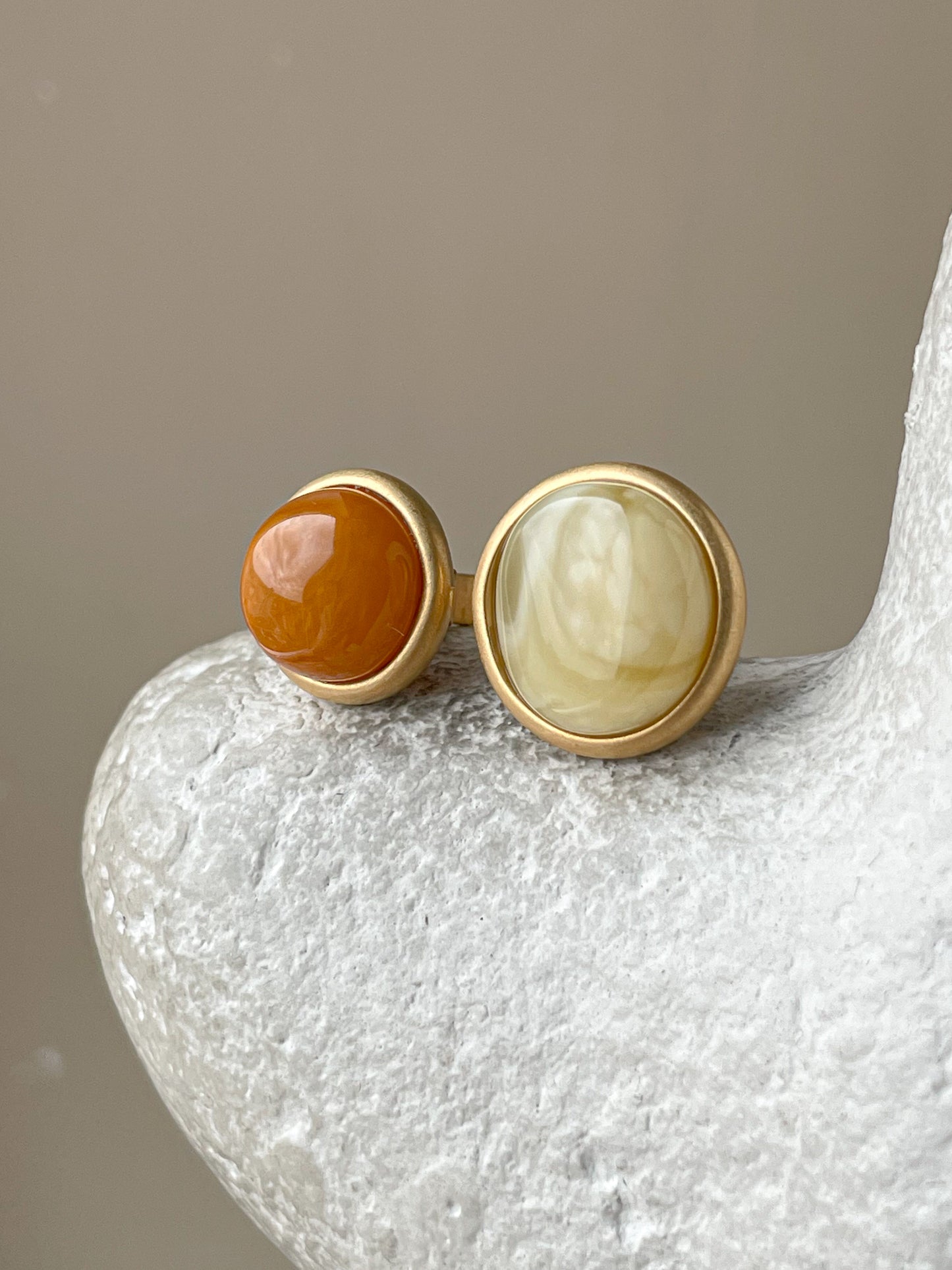 Double ring with amber, gold plated silver with real amber, size 7 3/4