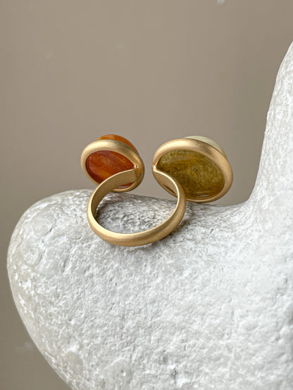 Double ring with amber, gold plated silver with real amber, size 7 3/4