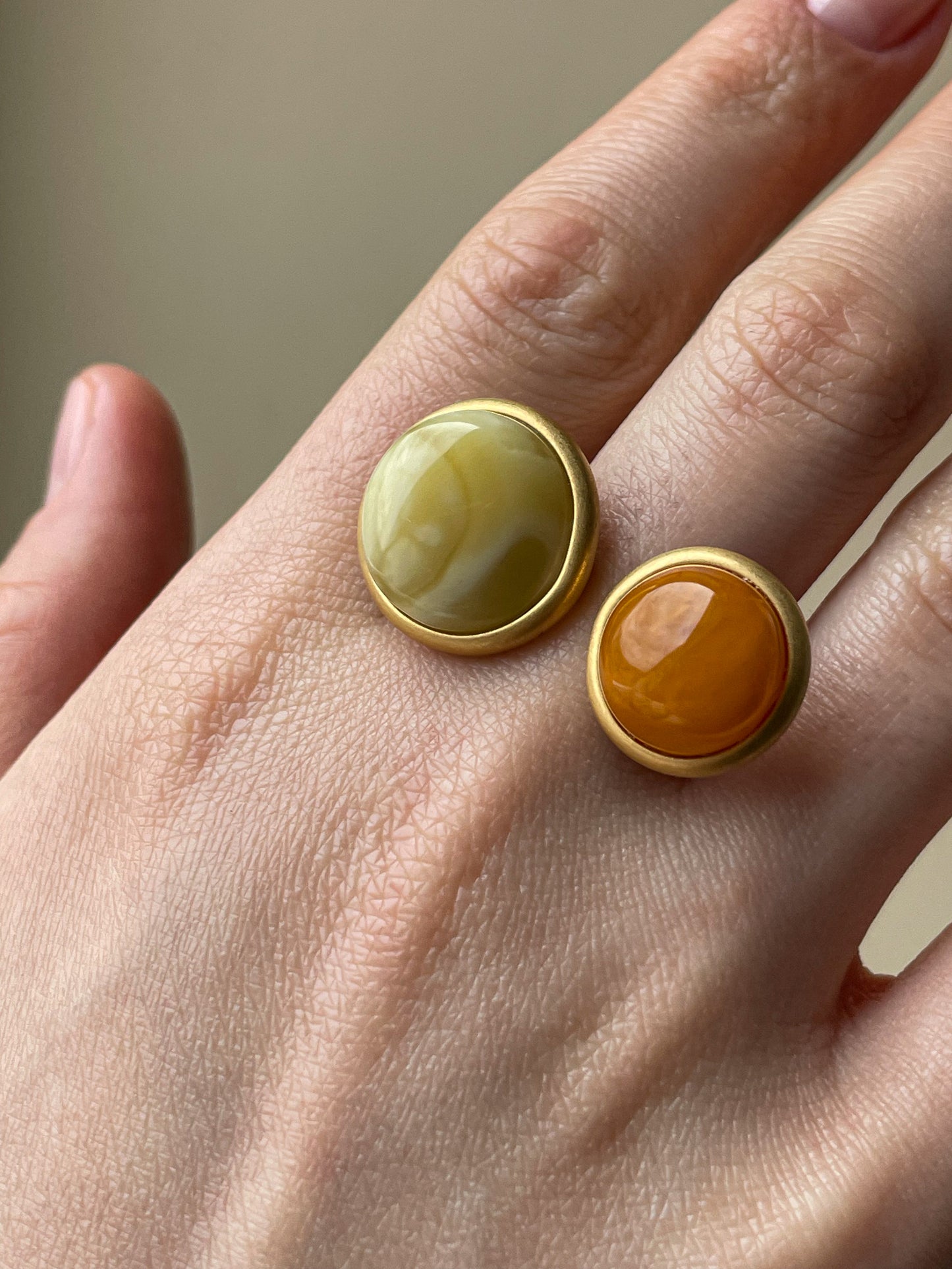 Double ring with amber, gold plated silver with real amber, size 7 3/4