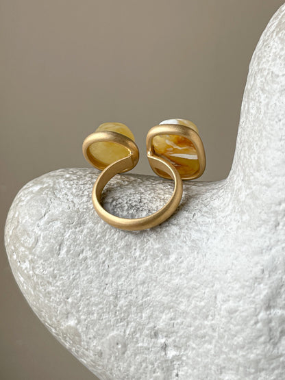 Double ring with amber, gold plated silver with real amber, size 7