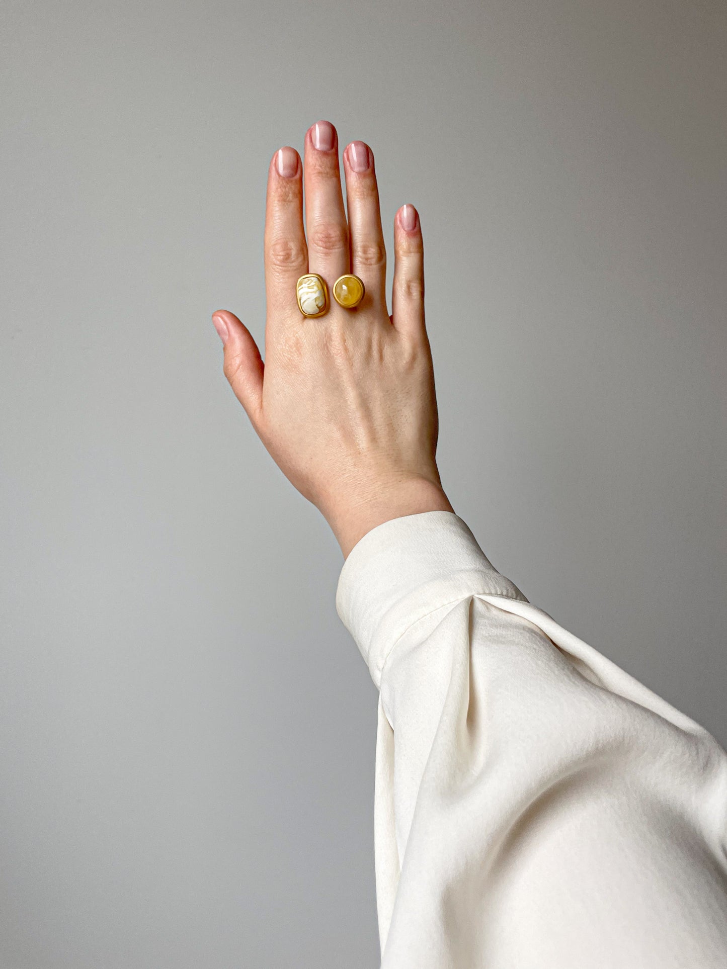 Double ring with amber, gold plated silver with real amber, size 7