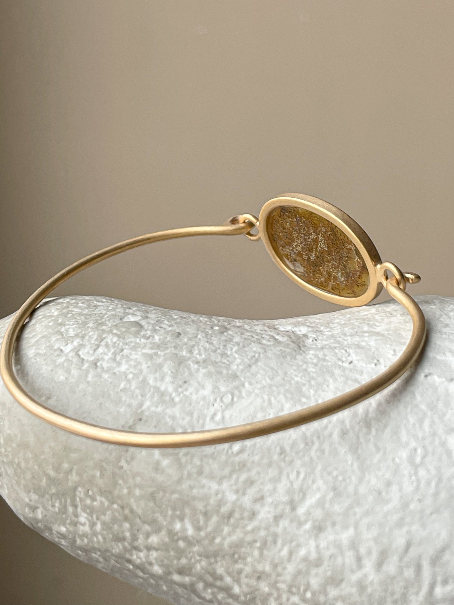 Landscape amber bangle bracelet - gold plated silver, size 6.8