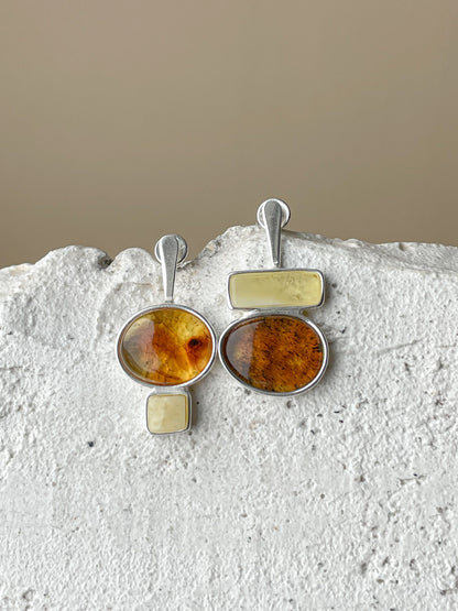 Multicolor amber stud earrings - Sterling silver - Mismatched earrings collection