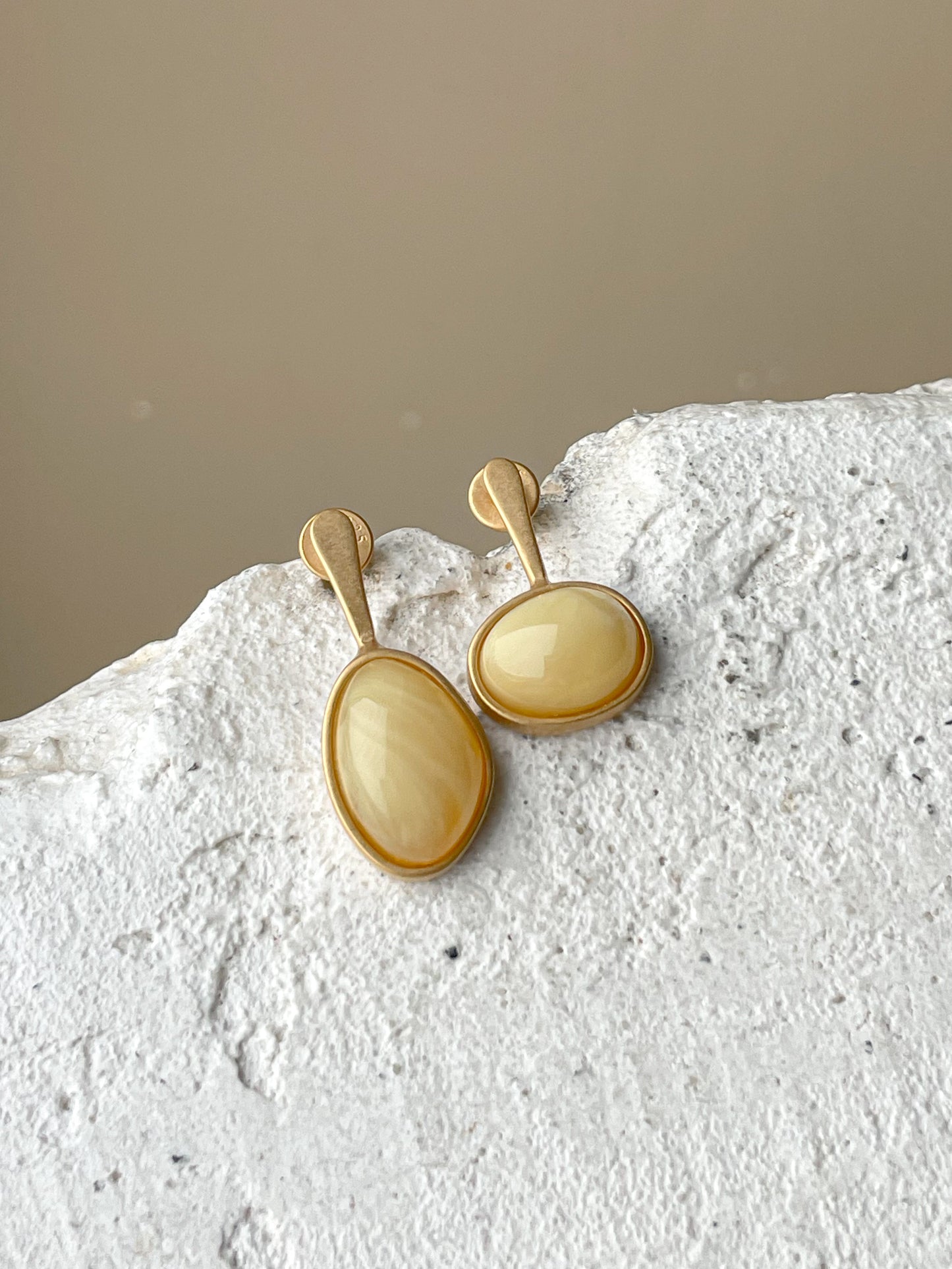 Butterscotch amber stud earrings - Gold plated silver - Mismatched earrings collection