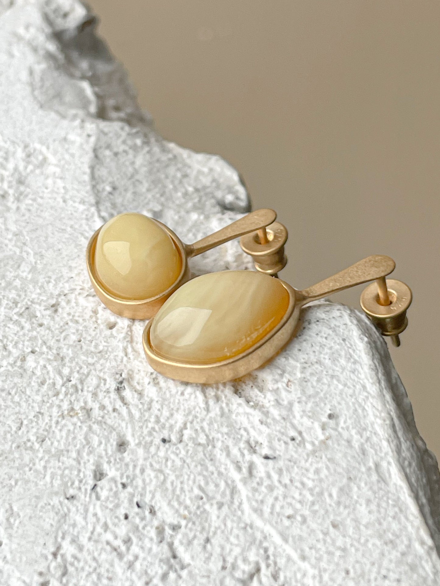 Butterscotch amber stud earrings - Gold plated silver - Mismatched earrings collection